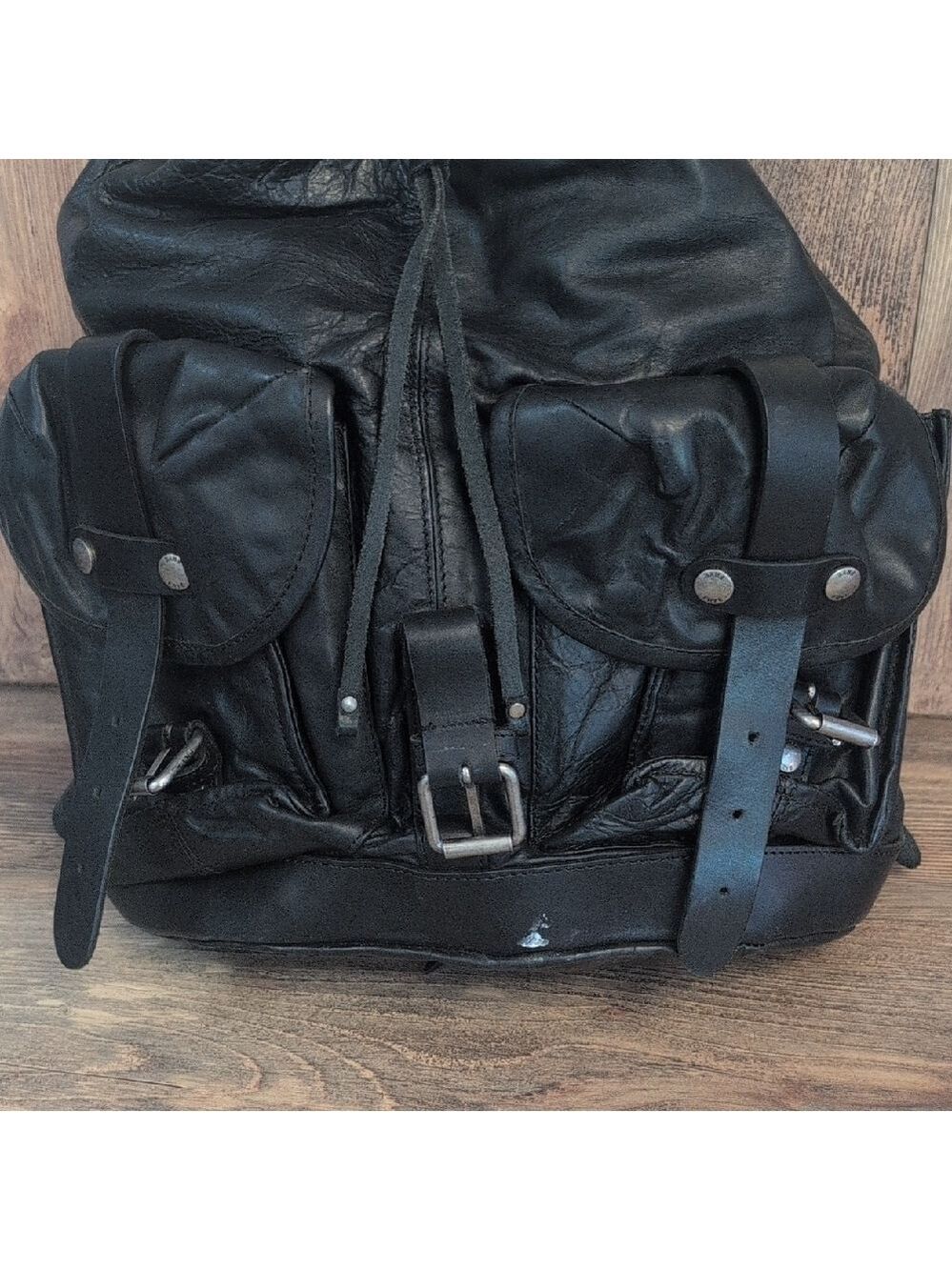 Frye Black Leather Buckled Zipper Back Vintage Rare Unisex Backpack -C192 - Picture 9 of 11